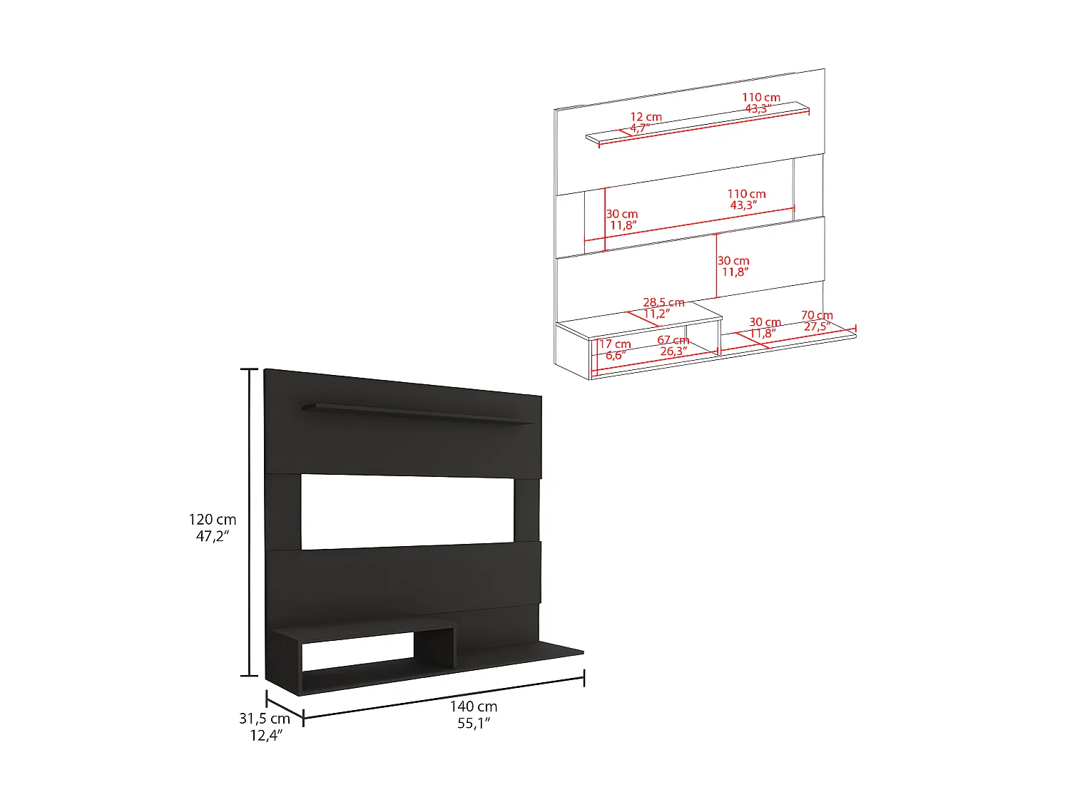 Panel de Entretenimiento de Pared Beijing, con estante superior 120CM A X 140CM An X 31.5CM P Wengue