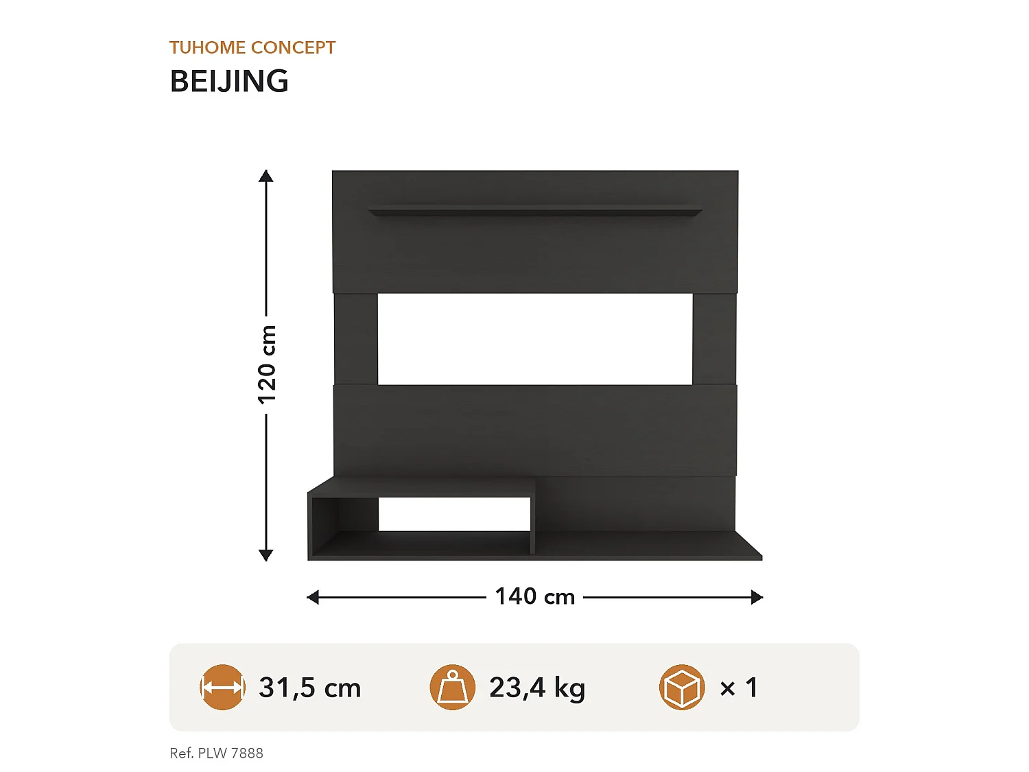 TUHOME CONCEPT Meuble TV mural Beijing de 140 cm, wengé