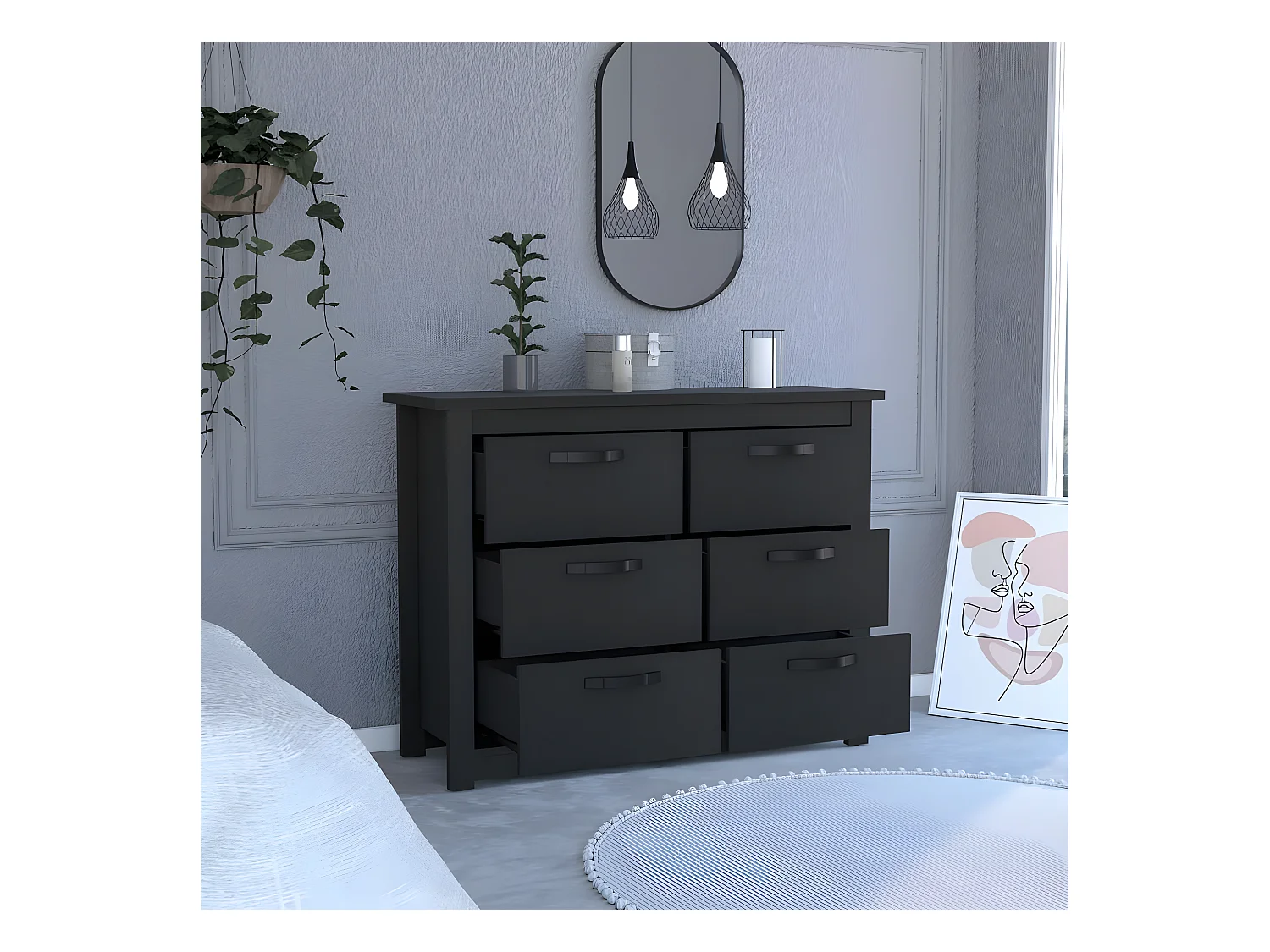 Double bourse avec 6 tiroirs 120 cm L x 40,7 cm P x 91,7 cm au noir