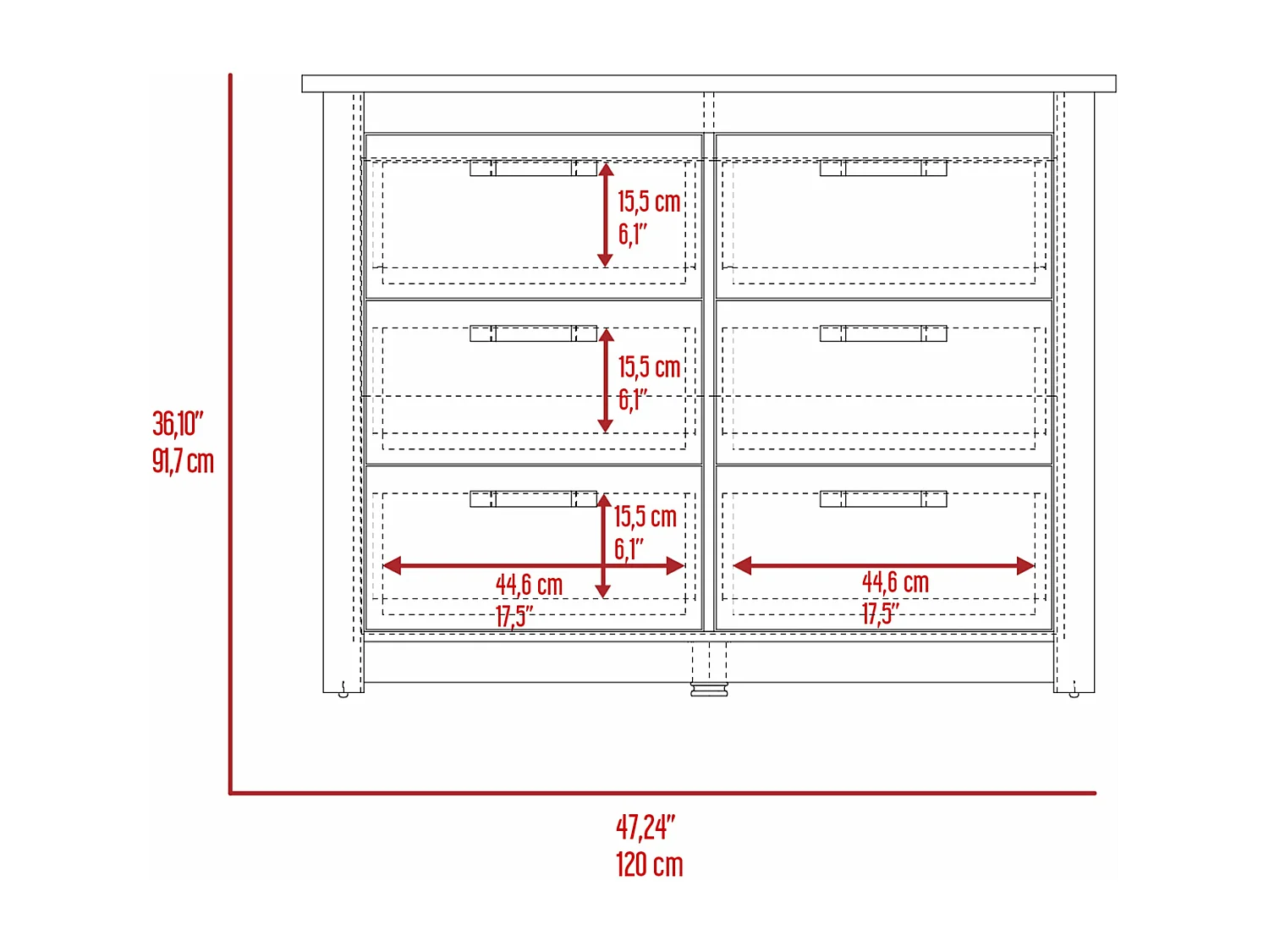 Cassettiera Becca a 6 cassetti, con maniglie in metallo 120CM L X 40,7CM P X 91,7CM L X 91,7CM H Nero