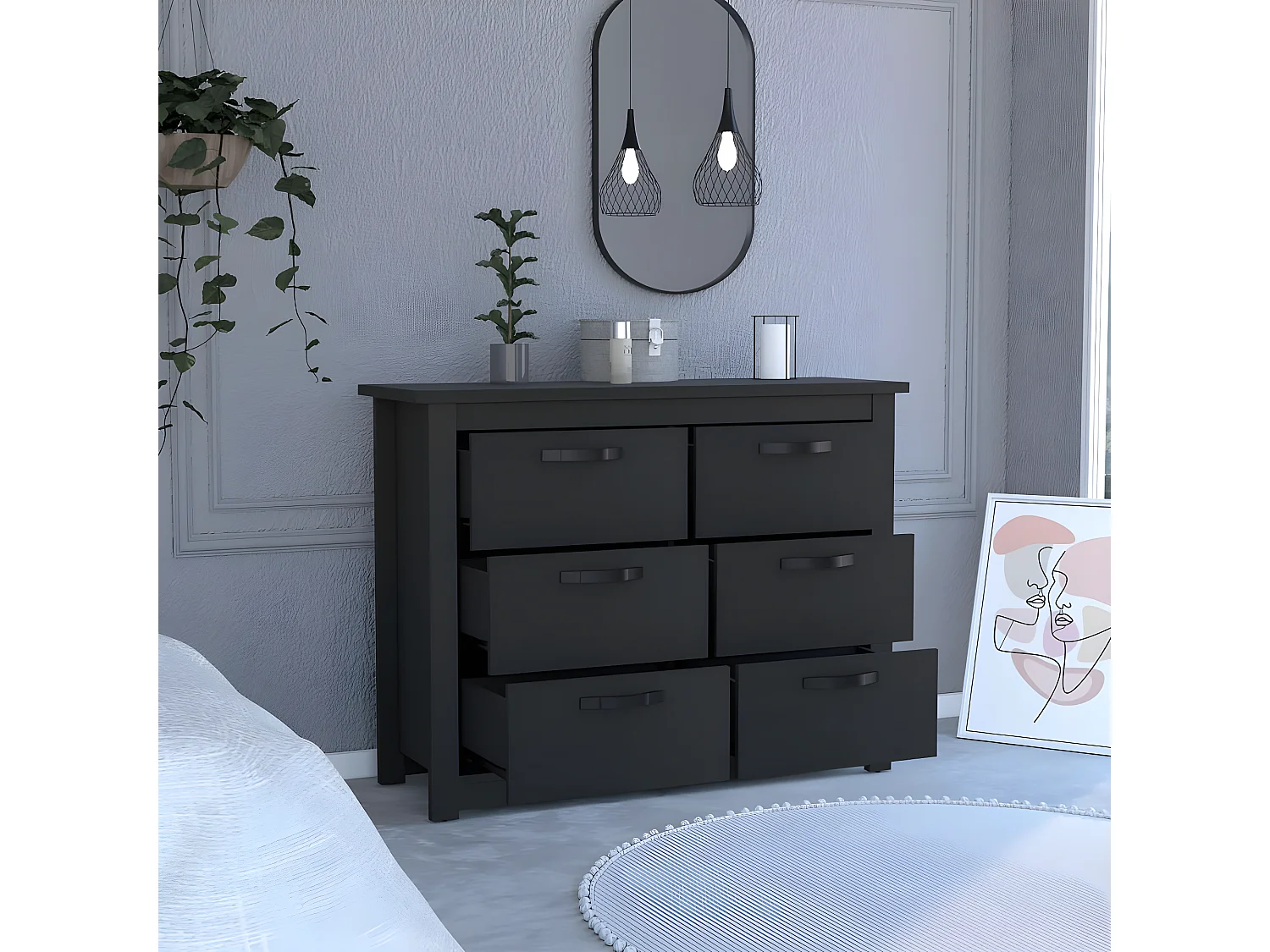 Cassettiera Becca a 6 cassetti, con maniglie in metallo 120CM L X 40,7CM P X 91,7CM L X 91,7CM H Nero