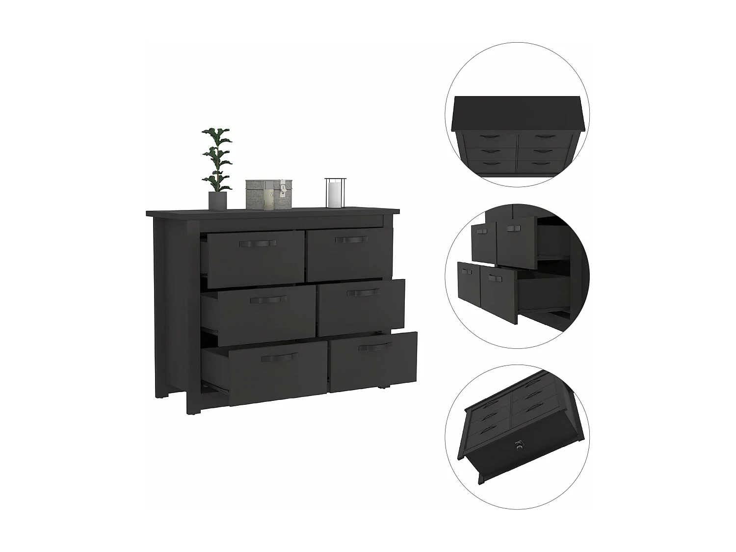 Cassettiera Becca a 6 cassetti, con maniglie in metallo 120CM L X 40,7CM P X 91,7CM L X 91,7CM H Nero