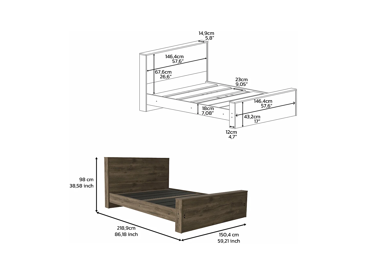 Cadre de lit complet, 150,4 cm L x 218,9 cm P x 98 cm A, Le noyer