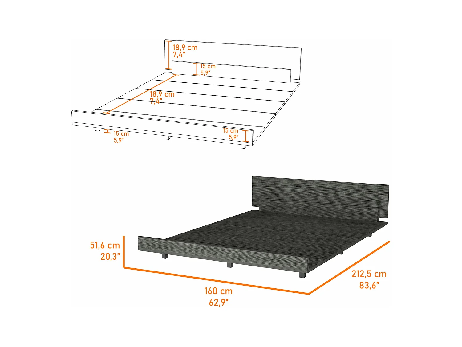 Cadre de lit Queen Kaia, 51,6 cm à x 212,5 cm P x 160 cm L, gris