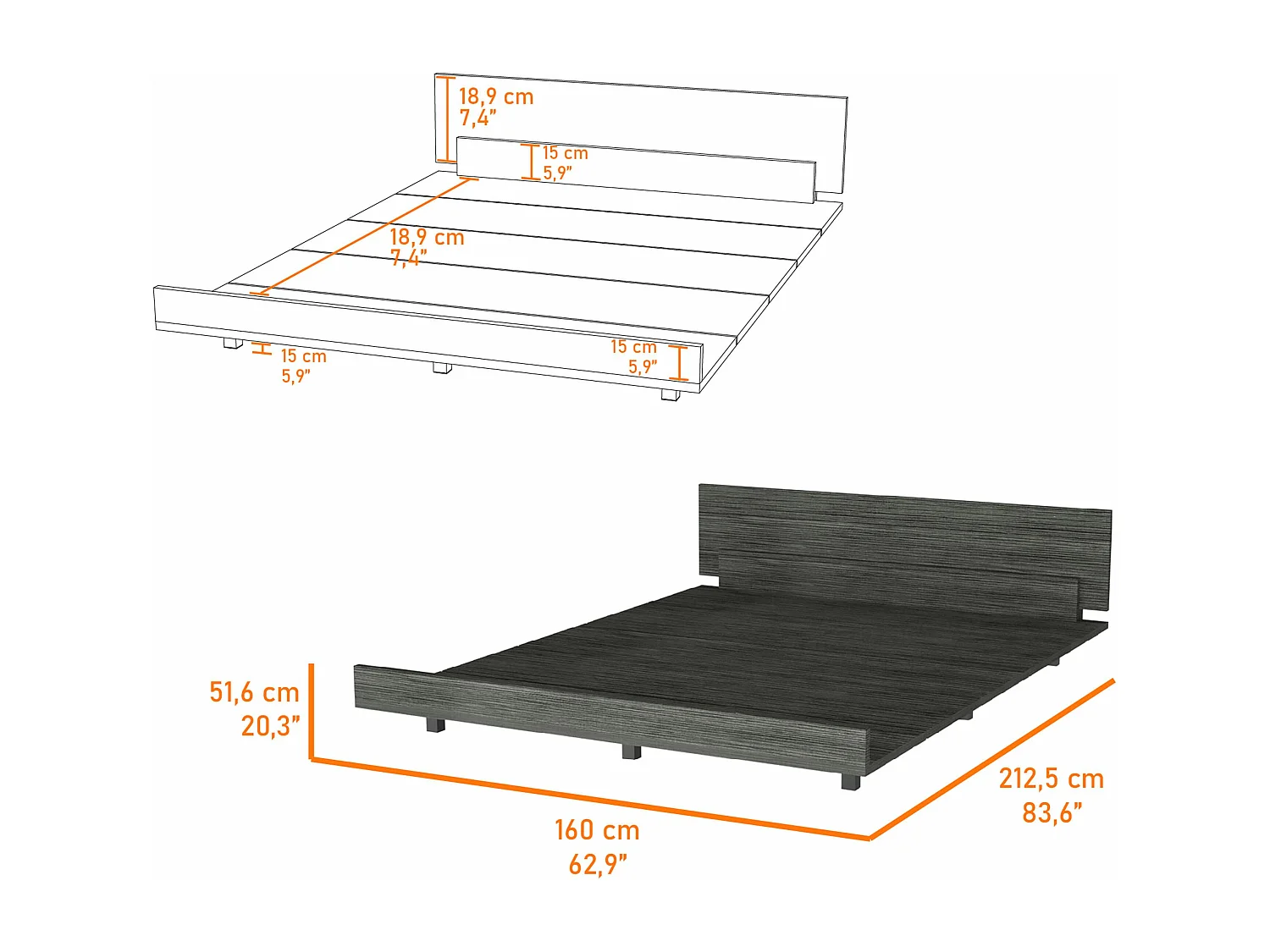 Base letto Kaia Queen, con struttura 51,6 cm H X 212,5 cm P X 160 cm L Rovere grigio