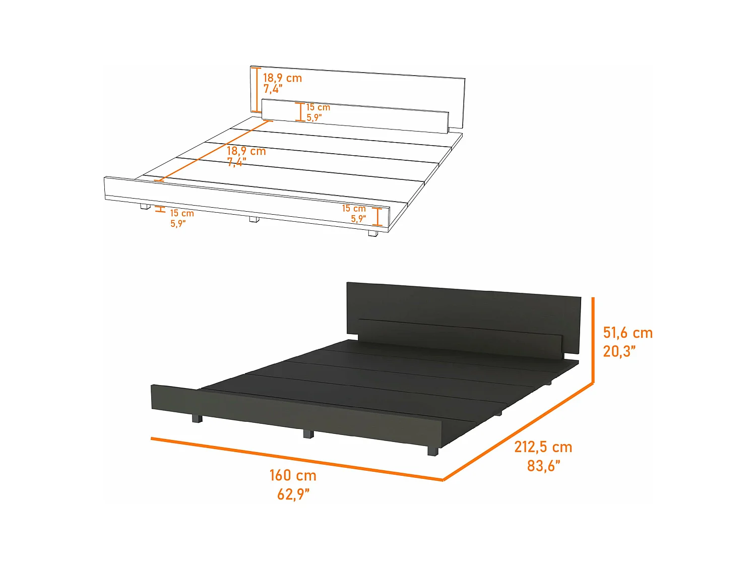 Cadre de lit Queen Kaia, 51,6 cm à x 212,5 cm P x 160 cm L, noir