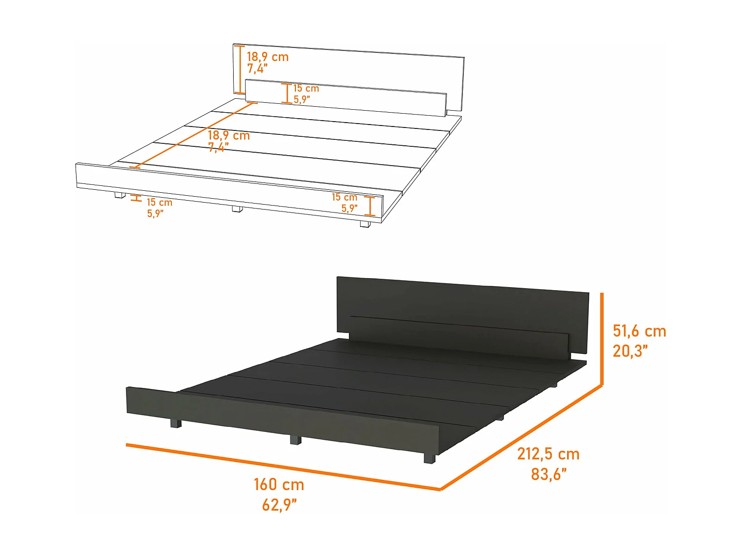 Base per letto matrimoniale Kaia, con struttura 51,6 cm L X 212,5 cm P X 160 cm L Nero