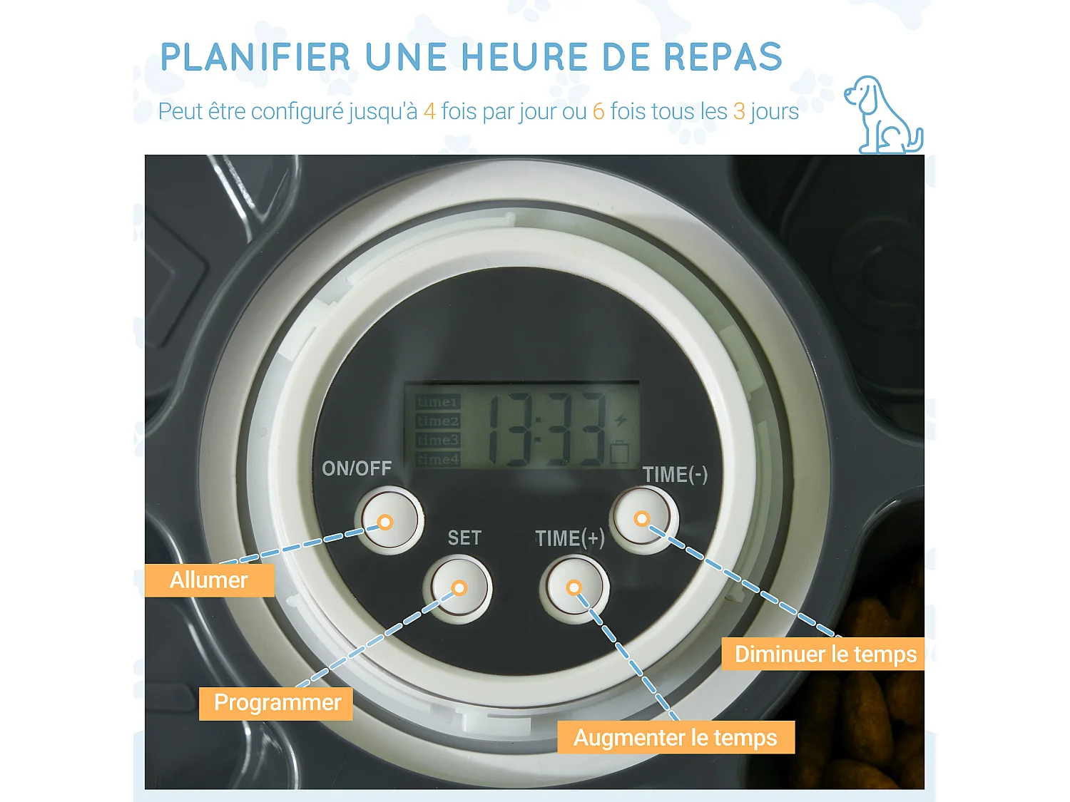 Distributeur de nourriture chat chien - distributeur automatique programmable - 6 compartiments - écran LED - fonction musicale intégrée - ABS gris blanc
