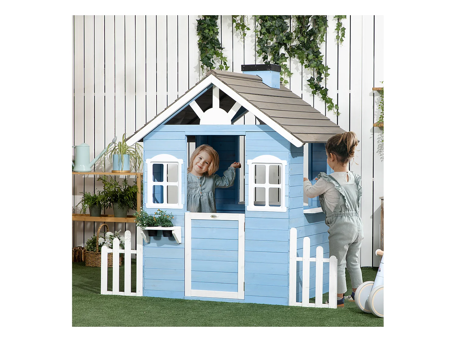Maison de jeux enfant - jeu plein air maisonnette enfant - dim. 151L x 112l x 142H cm - bois sapin bleu blanc gris