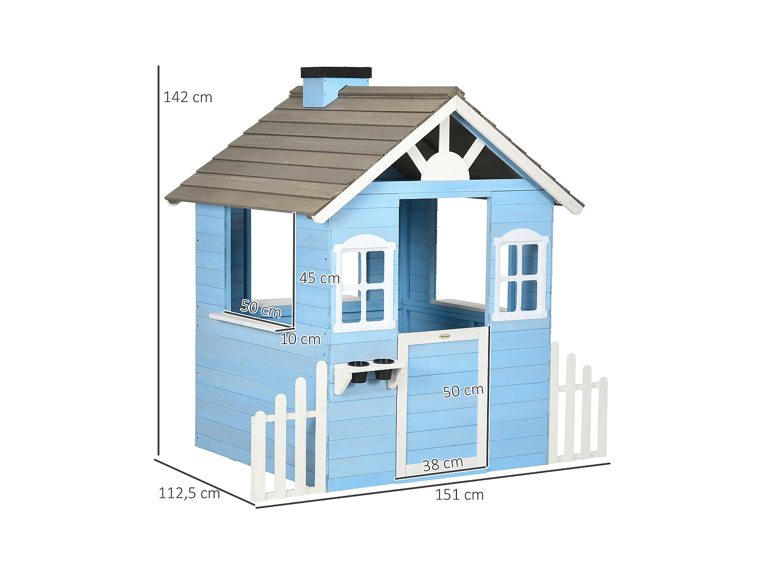 Maison de jeux enfant - jeu plein air maisonnette enfant - dim. 151L x 112l x 142H cm - bois sapin bleu blanc gris