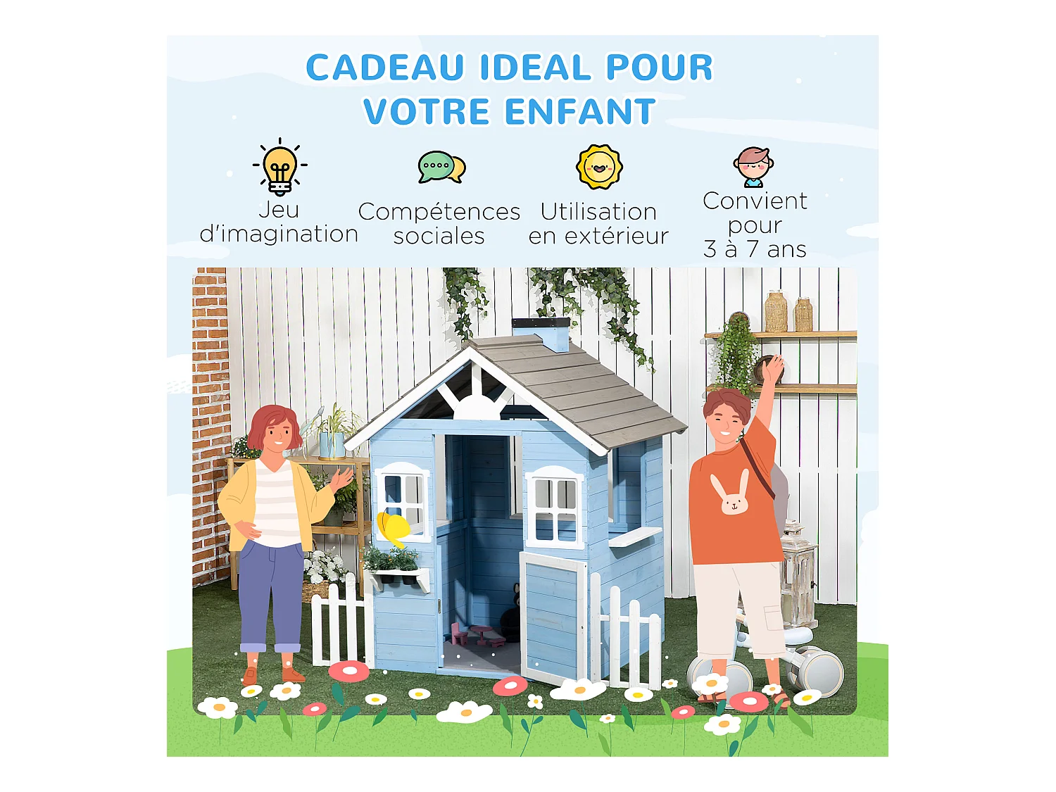 Maison de jeux enfant - jeu plein air maisonnette enfant - dim. 151L x 112l x 142H cm - bois sapin bleu blanc gris