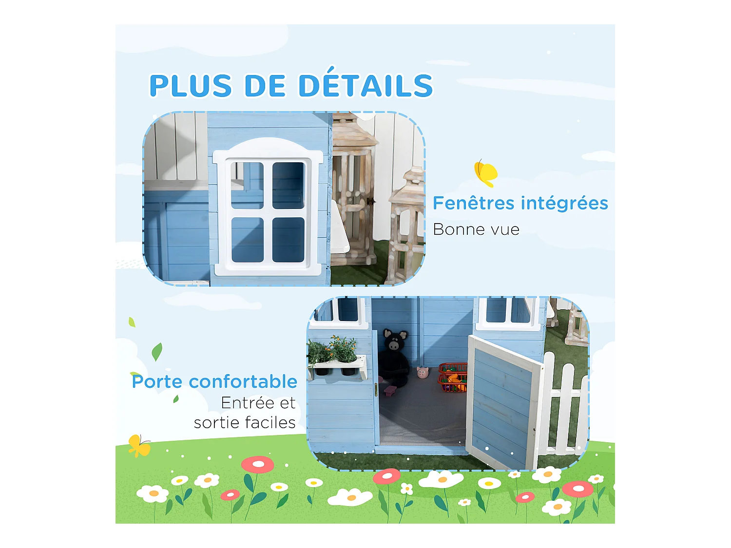 Maison de jeux enfant - jeu plein air maisonnette enfant - dim. 151L x 112l x 142H cm - bois sapin bleu blanc gris