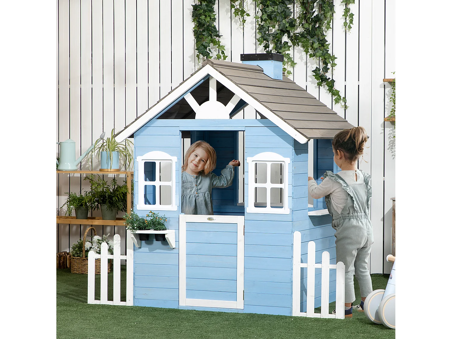 Maison de jeux enfant - jeu plein air maisonnette enfant - dim. 151L x 112l x 142H cm - bois sapin bleu blanc gris