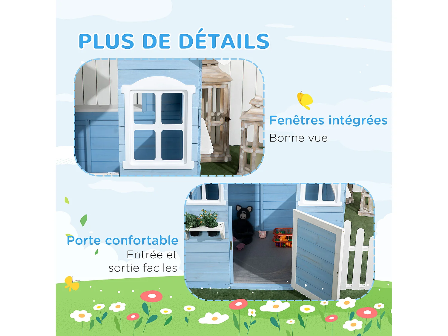 Maison de jeux enfant - jeu plein air maisonnette enfant - dim. 151L x 112l x 142H cm - bois sapin bleu blanc gris