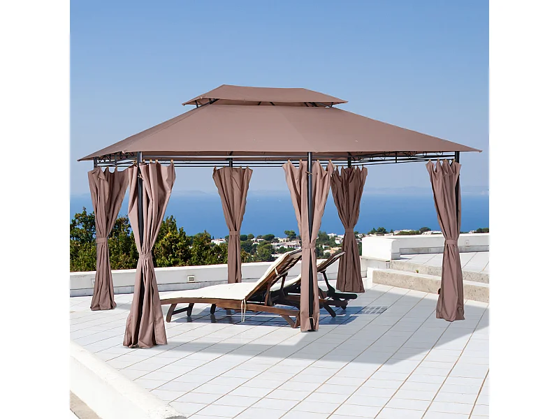 Tonnelle barnum pavillon de jardin style colonial double toit toiles latérales amovibles 3L x 4l x 2,65H m chocolat