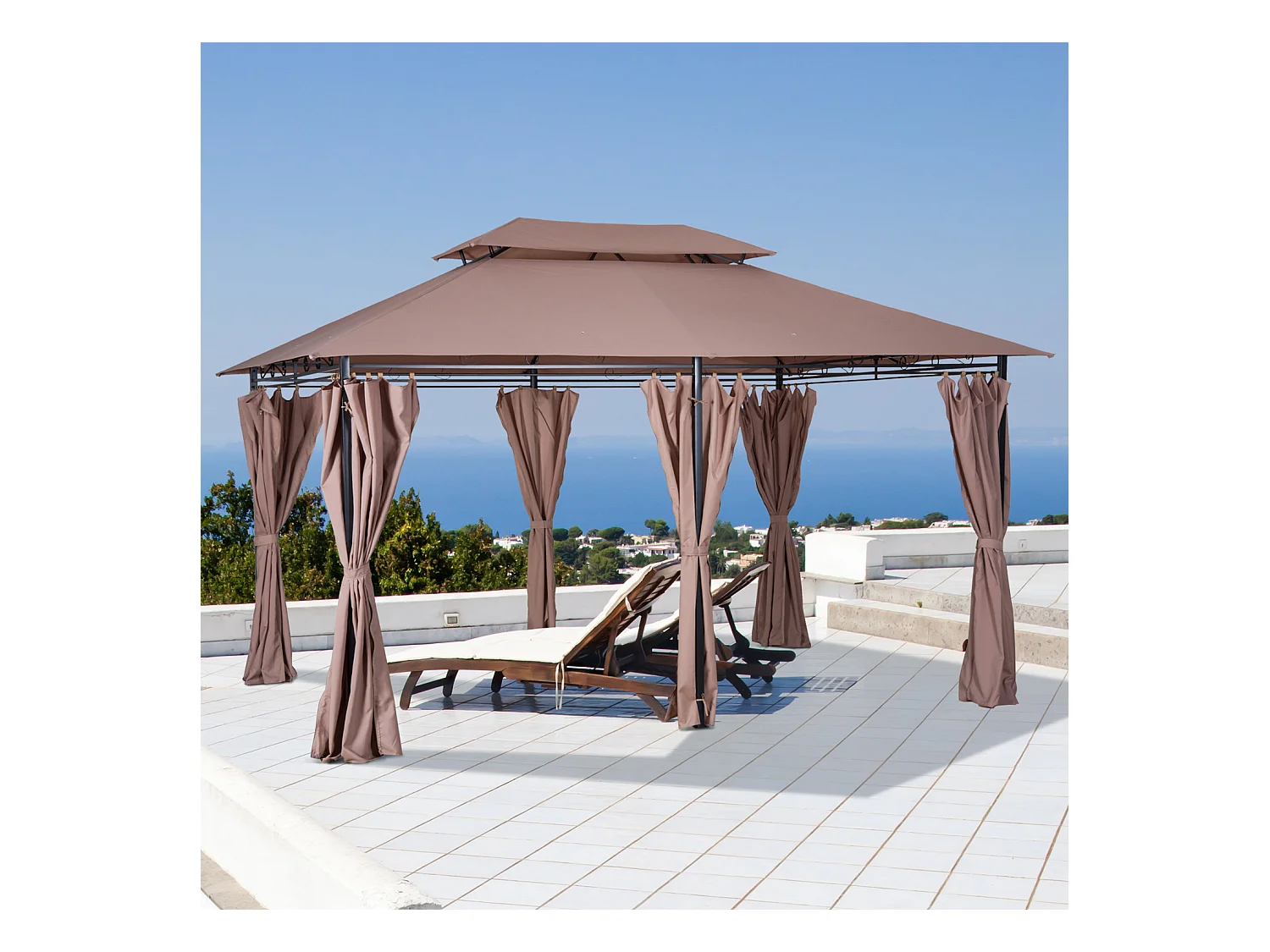 Tonnelle barnum pavillon de jardin style colonial double toit toiles latérales amovibles 3L x 4l x 2,65H m chocolat