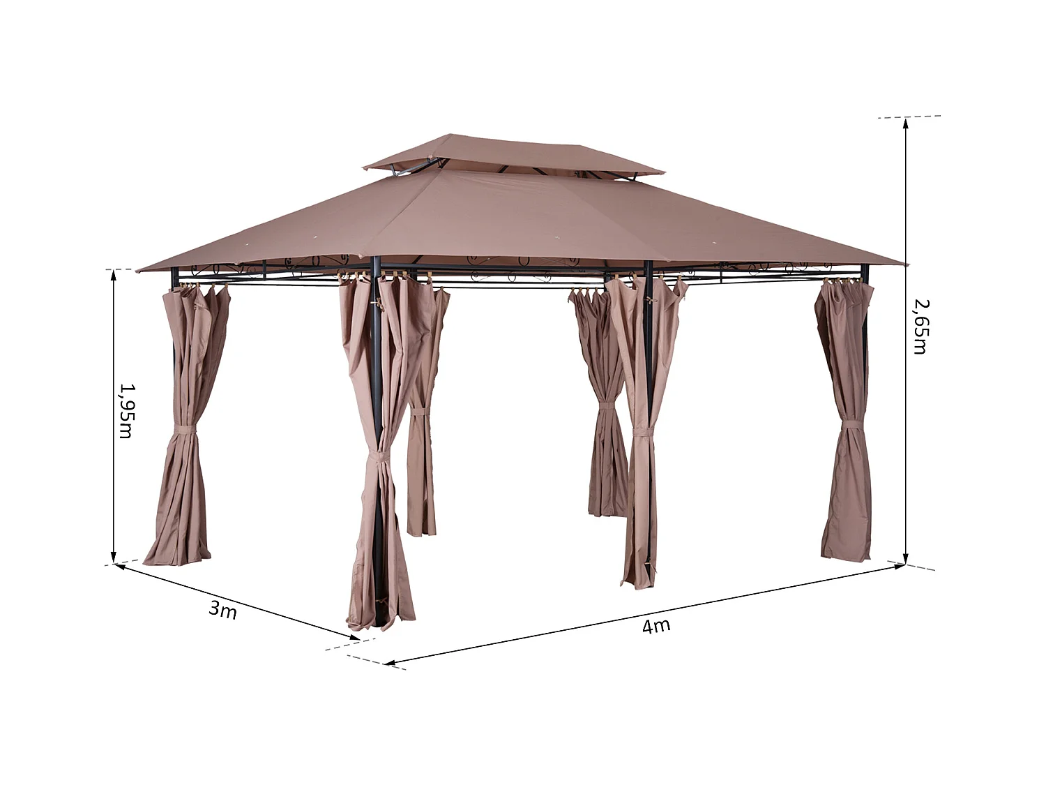 Tonnelle barnum pavillon de jardin style colonial double toit toiles latérales amovibles 3L x 4l x 2,65H m chocolat