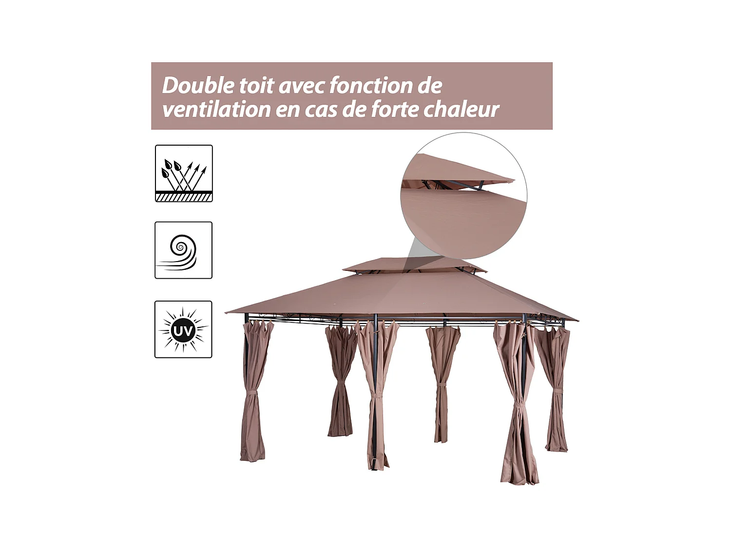 Tonnelle barnum pavillon de jardin style colonial double toit toiles latérales amovibles 3L x 4l x 2,65H m chocolat