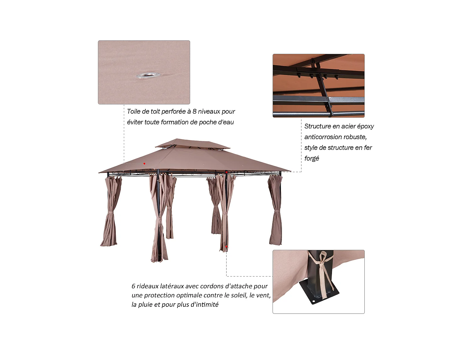 Tonnelle barnum pavillon de jardin style colonial double toit toiles latérales amovibles 3L x 4l x 2,65H m chocolat