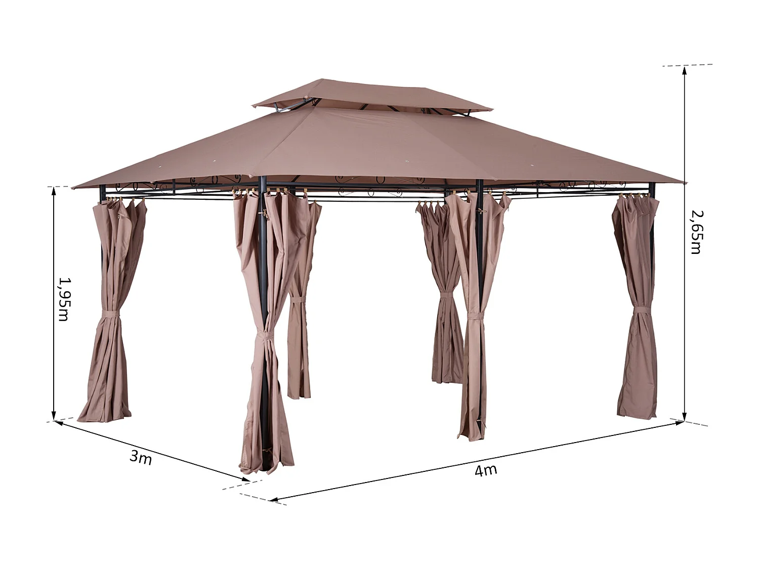 Tonnelle barnum pavillon de jardin style colonial double toit toiles latérales amovibles 3L x 4l x 2,65H m chocolat