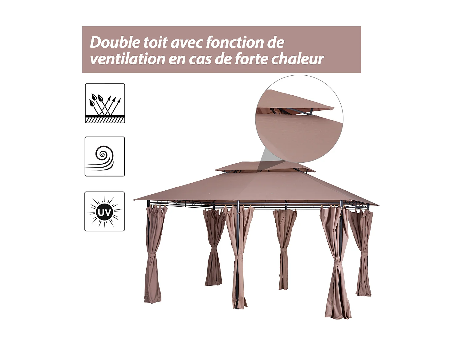 Tonnelle barnum pavillon de jardin style colonial double toit toiles latérales amovibles 3L x 4l x 2,65H m chocolat