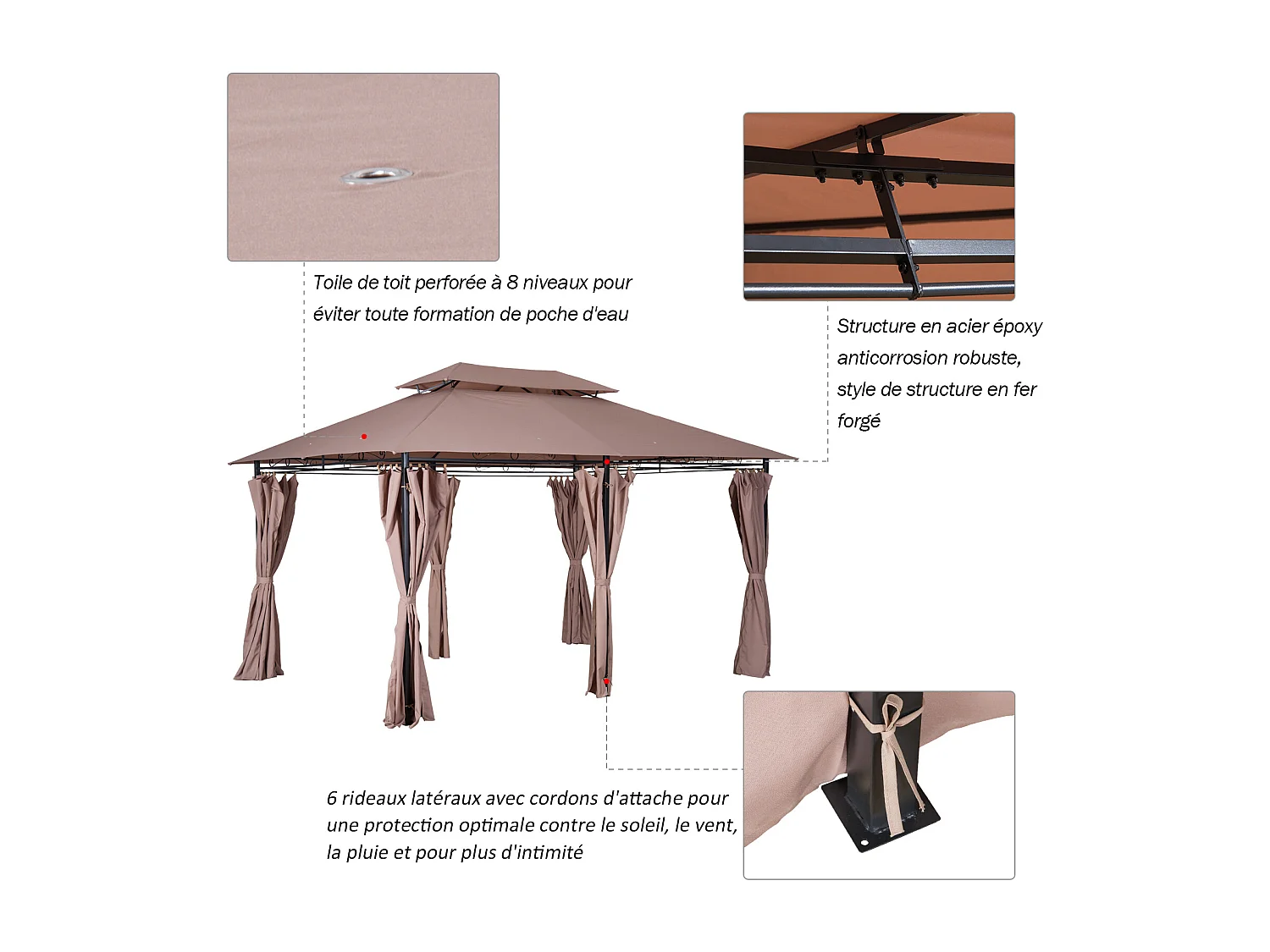 Tonnelle barnum pavillon de jardin style colonial double toit toiles latérales amovibles 3L x 4l x 2,65H m chocolat