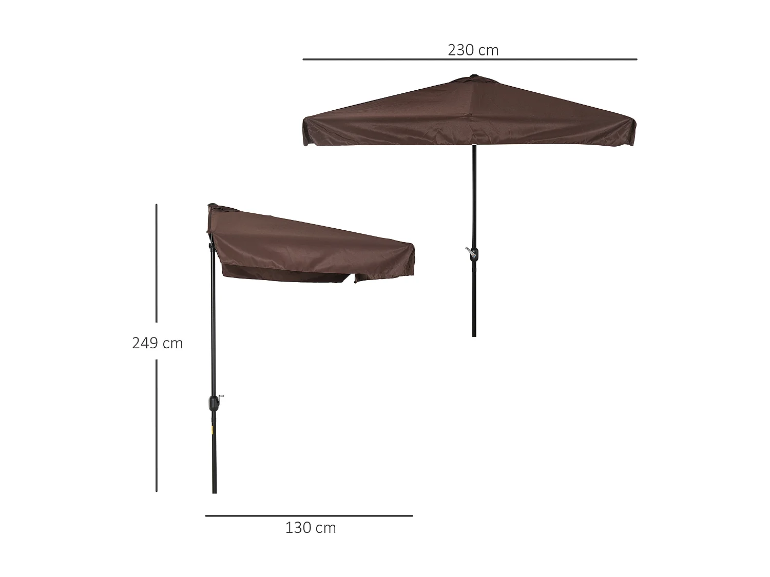 Demi parasol - parasol de balcon 5 entretoises métal dim. 2,3L x 1,3l x 2,49H m polyester haute densité chocolat