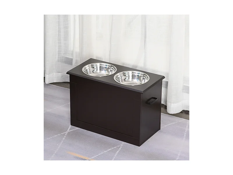Gamelle double chien chat Porte-gamelles surélevé dim. 60L x 30l x 41H cm 2 gamelles poignées coffre MDF chocolat