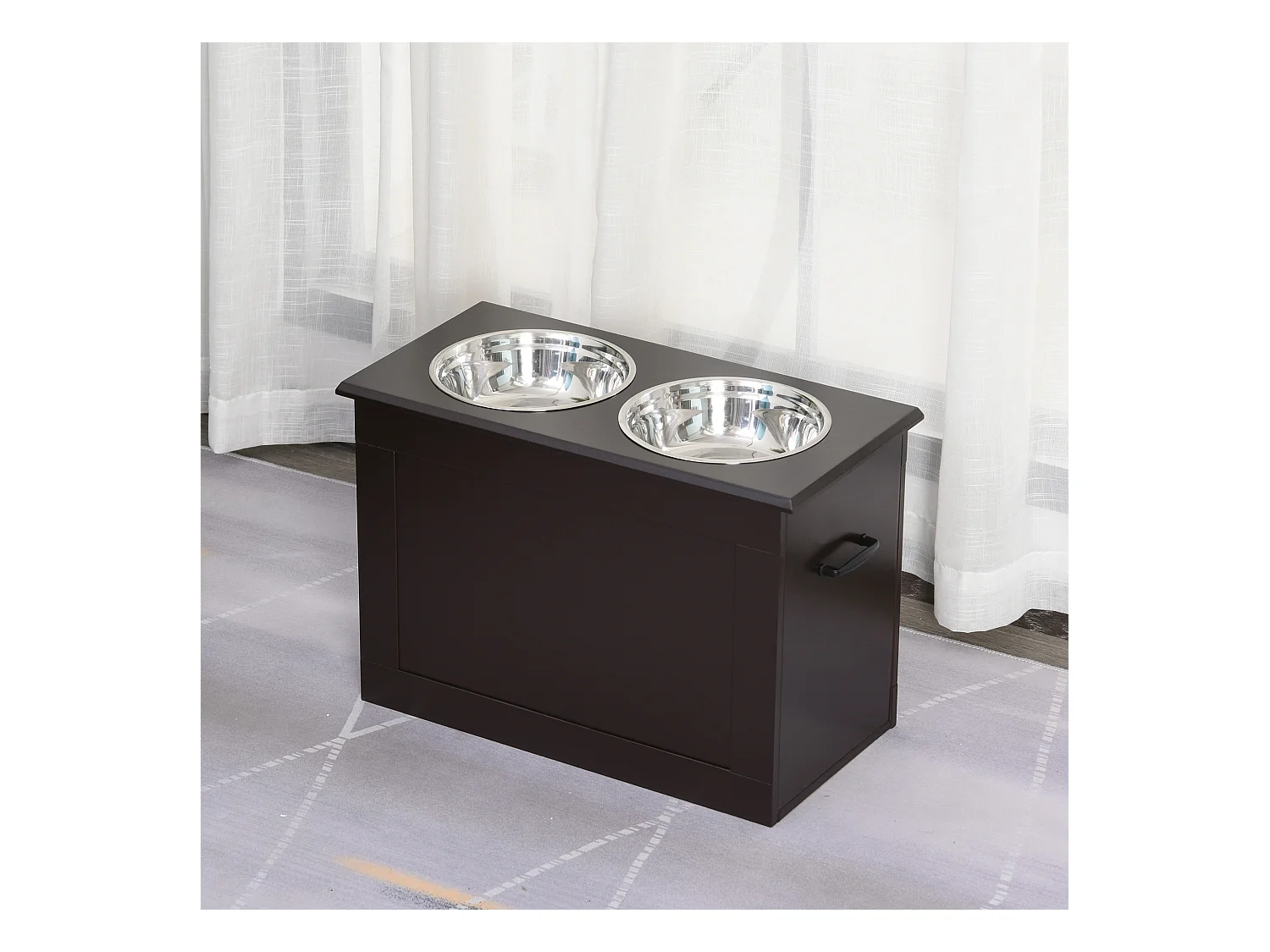 Gamelle double chien chat Porte-gamelles surélevé dim. 60L x 30l x 41H cm 2 gamelles poignées coffre MDF chocolat