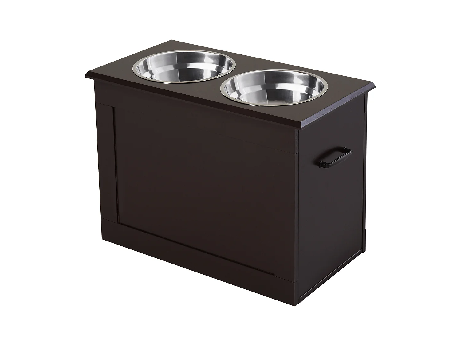 Gamelle double chien chat Porte-gamelles surélevé dim. 60L x 30l x 41H cm 2 gamelles poignées coffre MDF chocolat