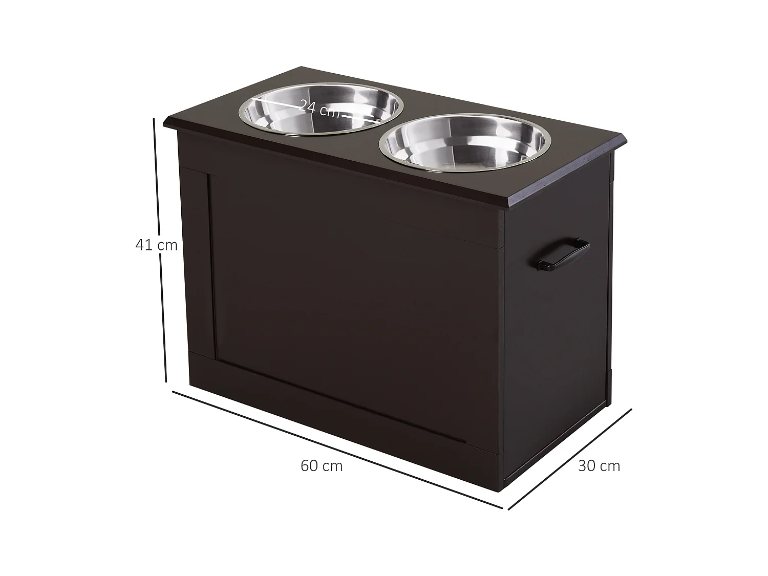 Gamelle double chien chat Porte-gamelles surélevé dim. 60L x 30l x 41H cm 2 gamelles poignées coffre MDF chocolat