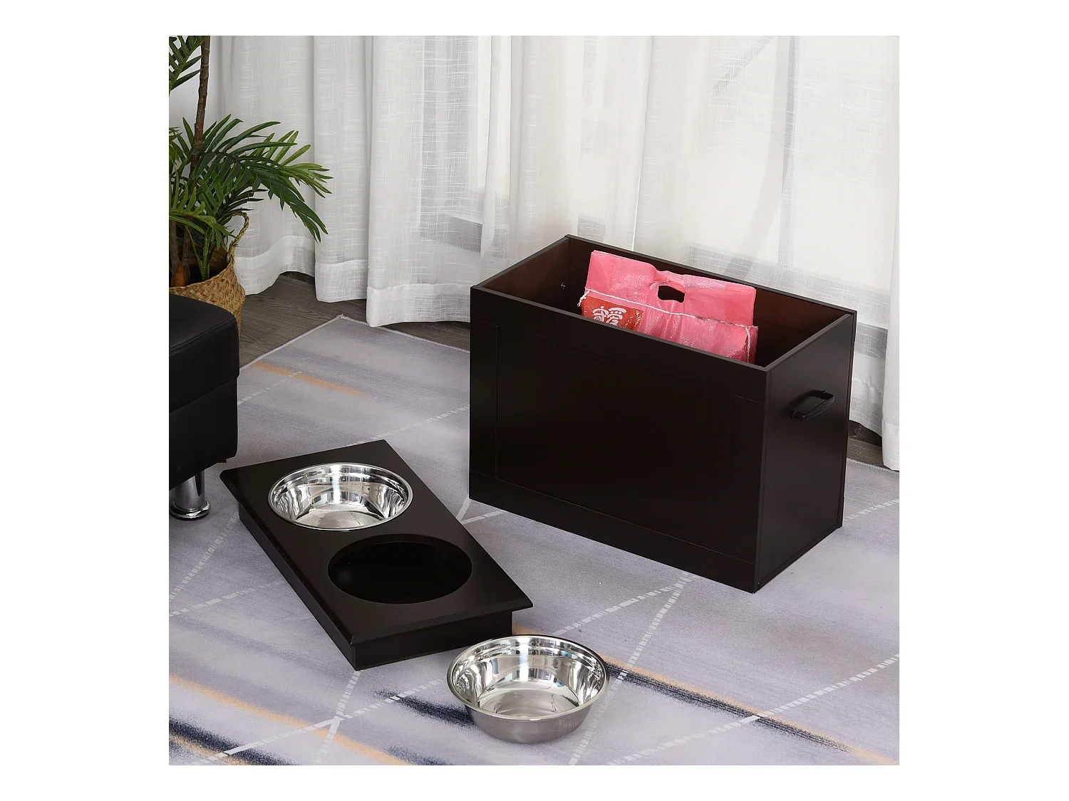 Gamelle double chien chat Porte-gamelles surélevé dim. 60L x 30l x 41H cm 2 gamelles poignées coffre MDF chocolat