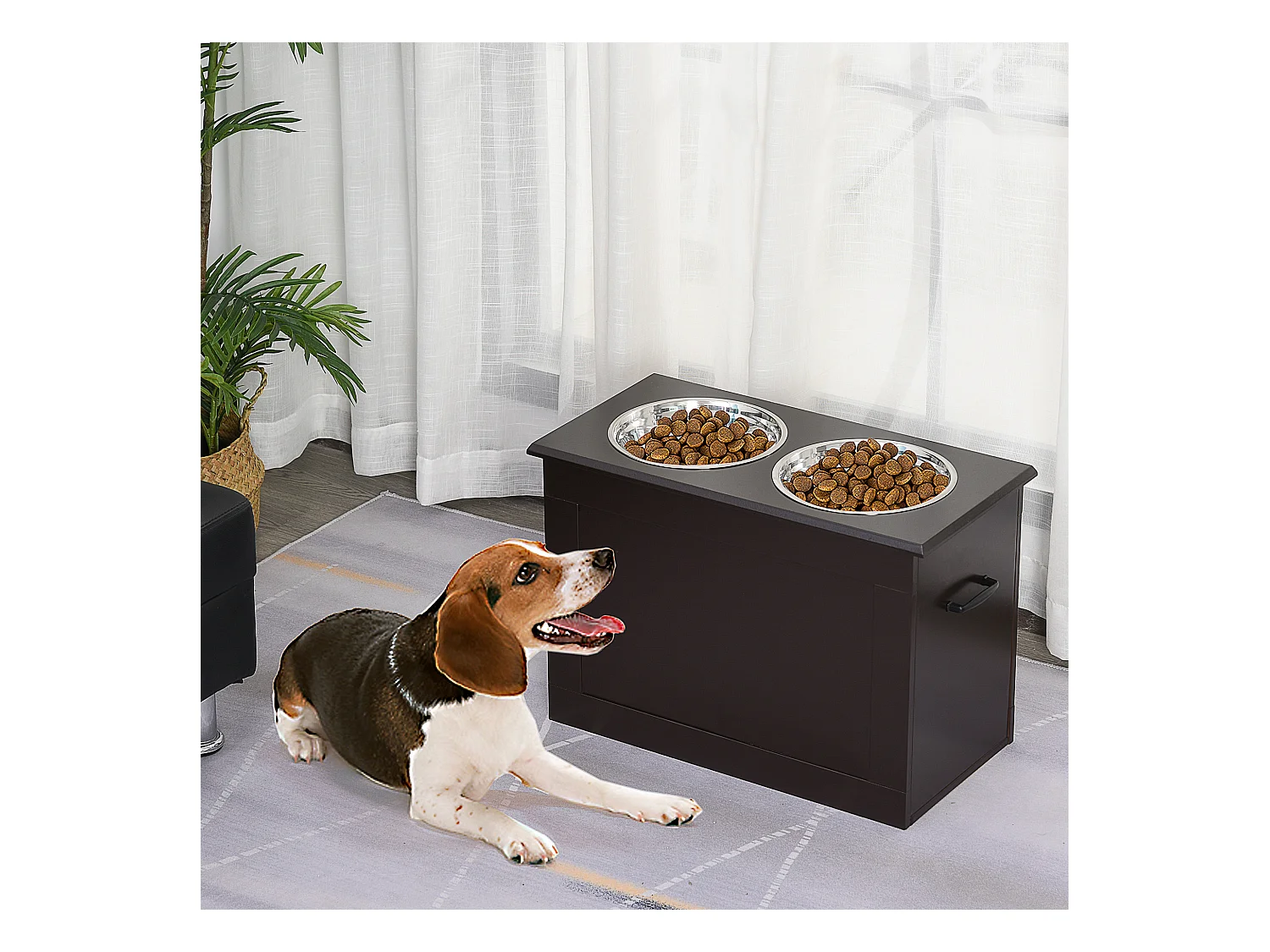 Gamelle double chien chat Porte-gamelles surélevé dim. 60L x 30l x 41H cm 2 gamelles poignées coffre MDF chocolat