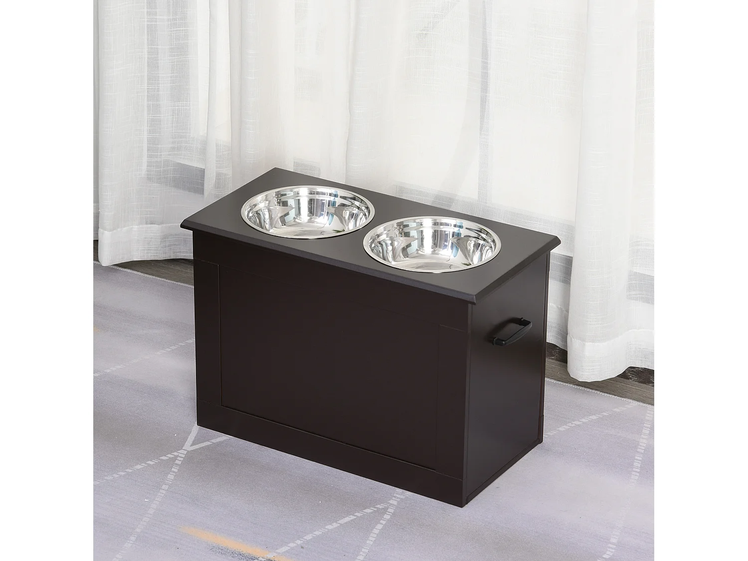 Gamelle double chien chat Porte-gamelles surélevé dim. 60L x 30l x 41H cm 2 gamelles poignées coffre MDF chocolat