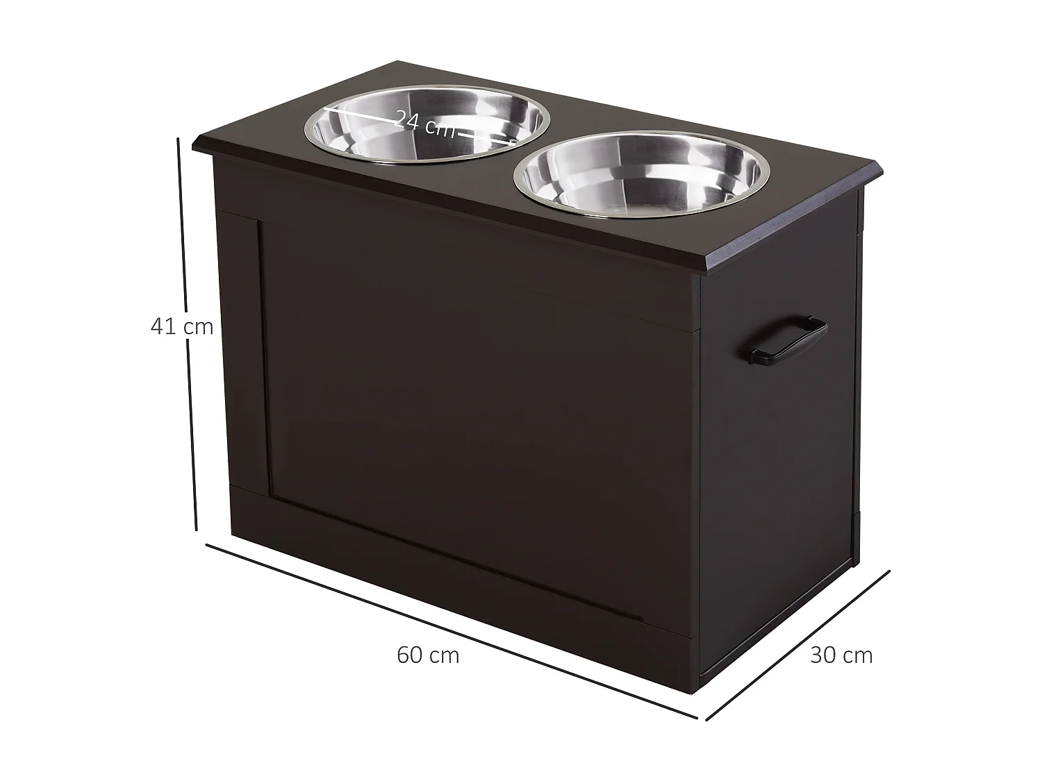 Gamelle double chien chat Porte-gamelles surélevé dim. 60L x 30l x 41H cm 2 gamelles poignées coffre MDF chocolat