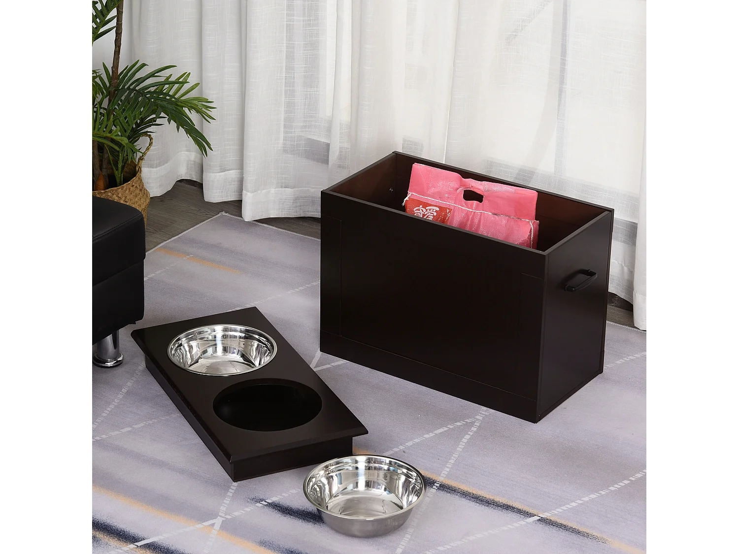 Gamelle double chien chat Porte-gamelles surélevé dim. 60L x 30l x 41H cm 2 gamelles poignées coffre MDF chocolat