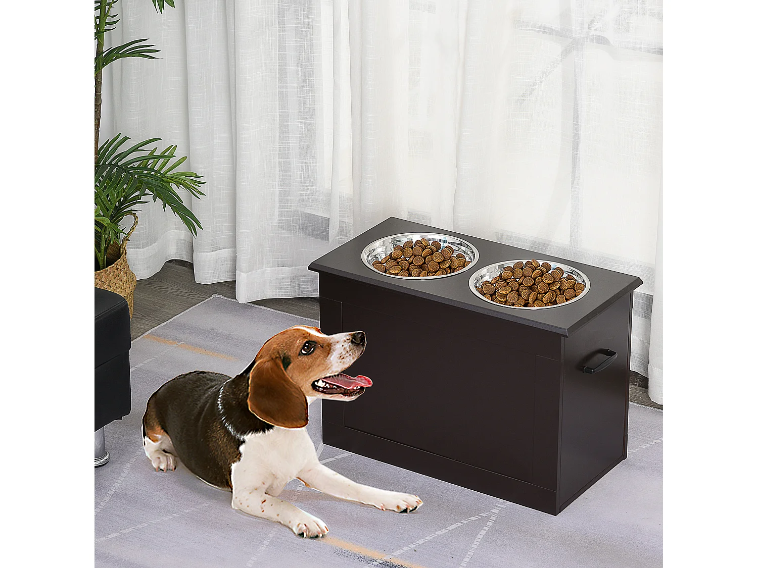 Gamelle double chien chat Porte-gamelles surélevé dim. 60L x 30l x 41H cm 2 gamelles poignées coffre MDF chocolat