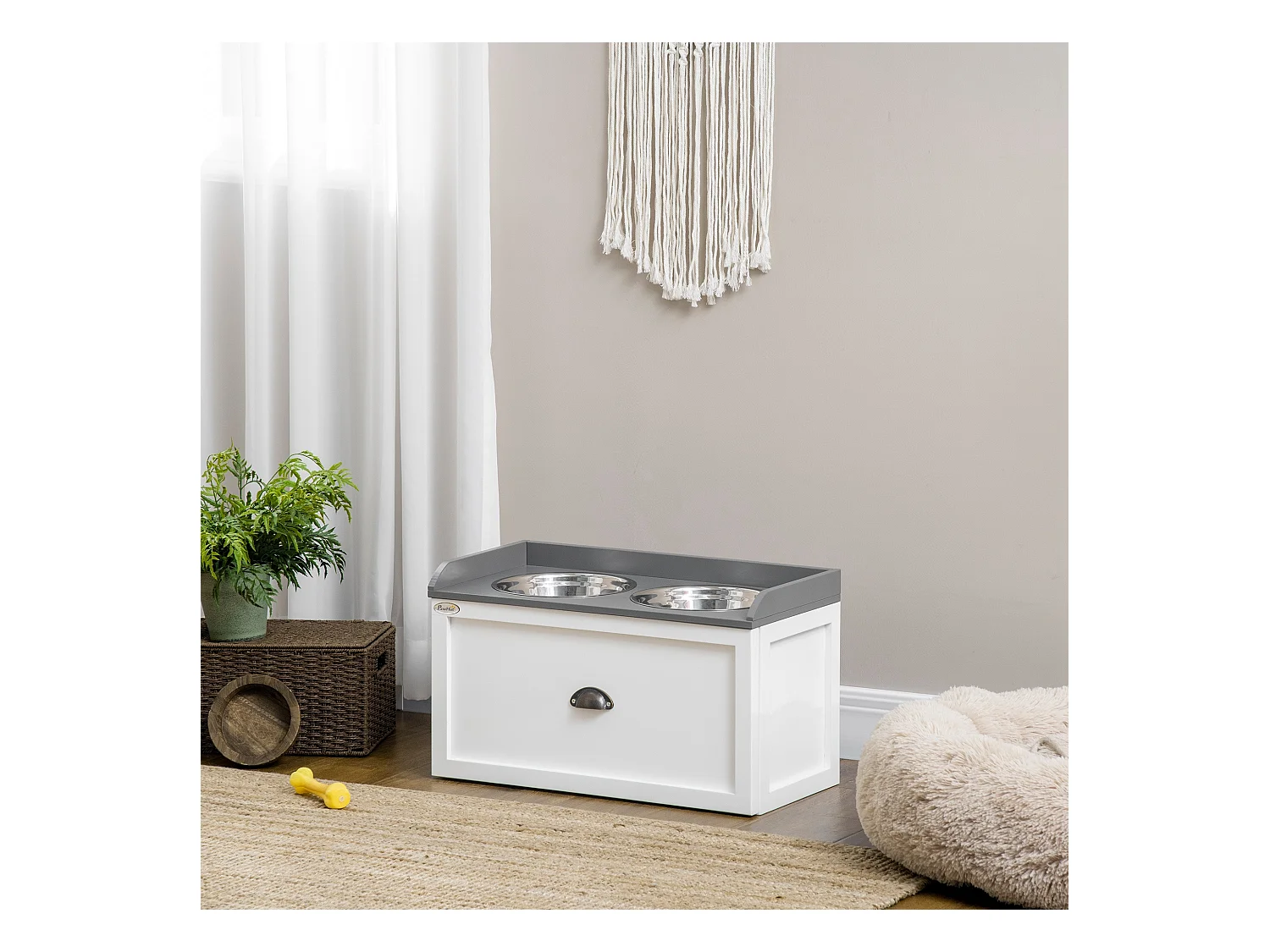 Gamelle double chien chat - porte-gamelles surélevé rangement 2 en 1 - tiroir, 2 gamelles - acier inox. MDF blanc gris