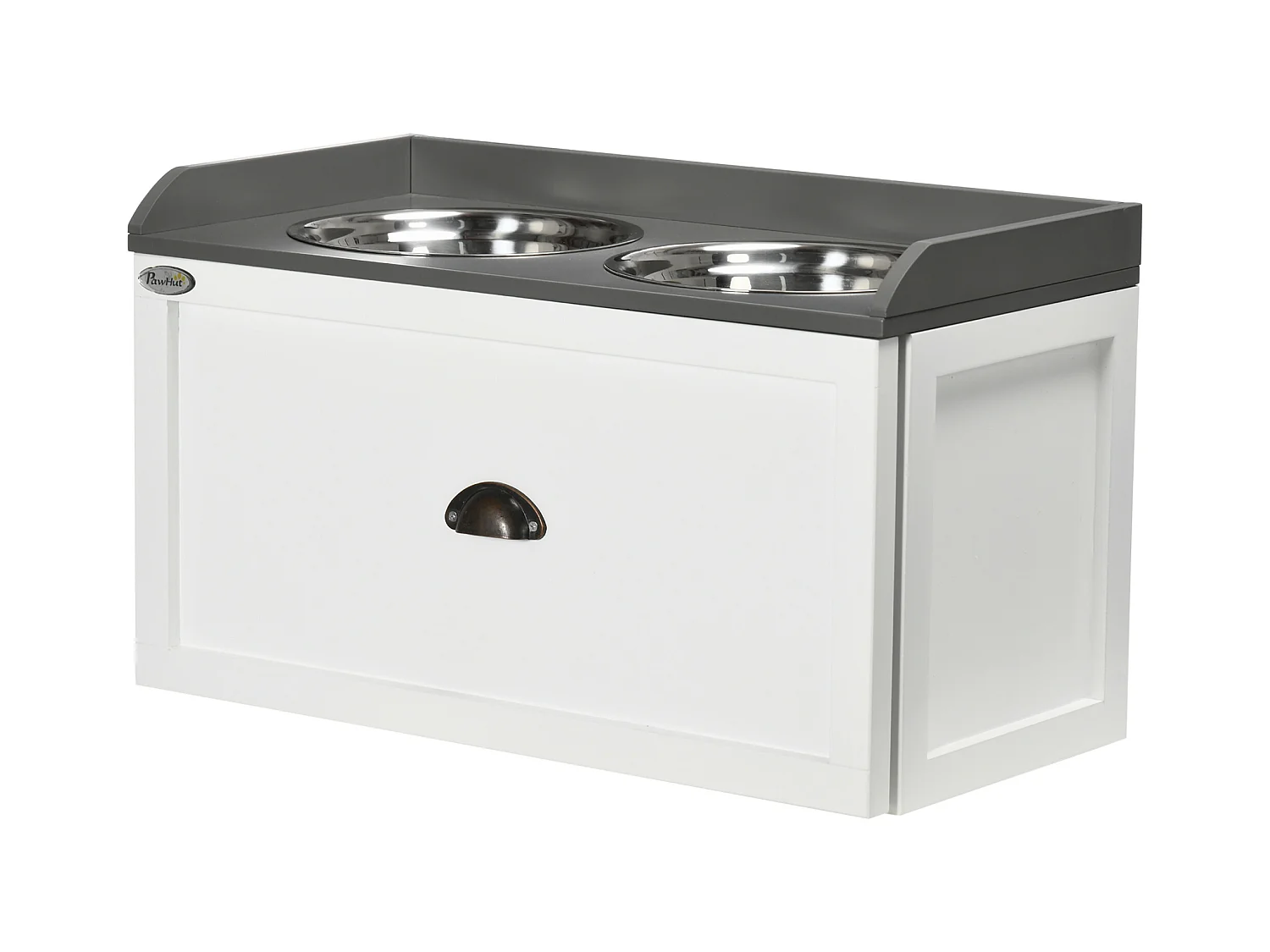 Gamelle double chien chat - porte-gamelles surélevé rangement 2 en 1 - tiroir, 2 gamelles - acier inox. MDF blanc gris
