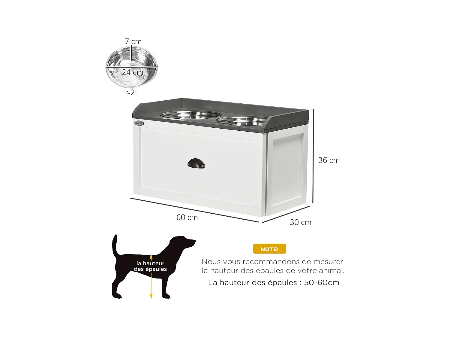 Gamelle double chien chat - porte-gamelles surélevé rangement 2 en 1 - tiroir, 2 gamelles - acier inox. MDF blanc gris