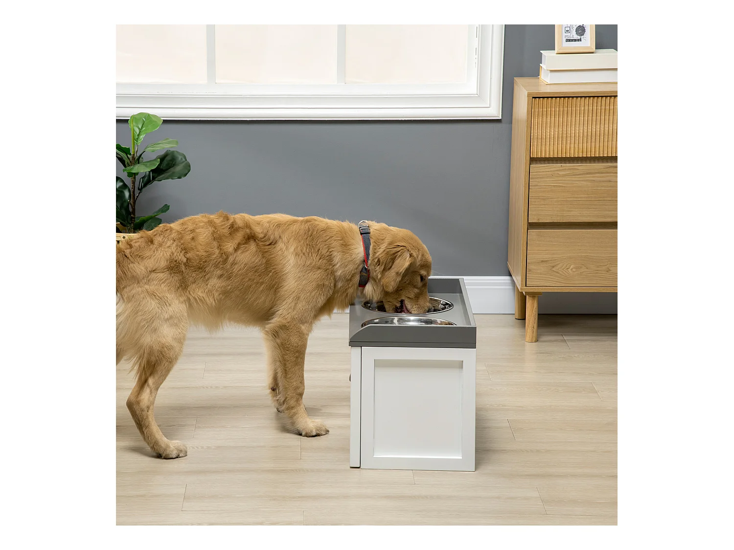 Gamelle double chien chat - porte-gamelles surélevé rangement 2 en 1 - tiroir, 2 gamelles - acier inox. MDF blanc gris