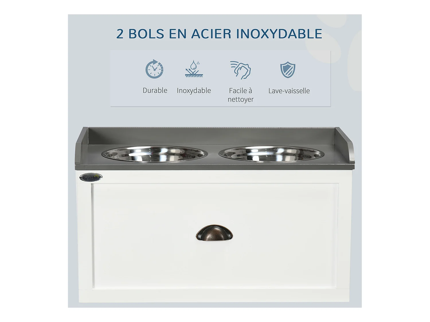 Gamelle double chien chat - porte-gamelles surélevé rangement 2 en 1 - tiroir, 2 gamelles - acier inox. MDF blanc gris
