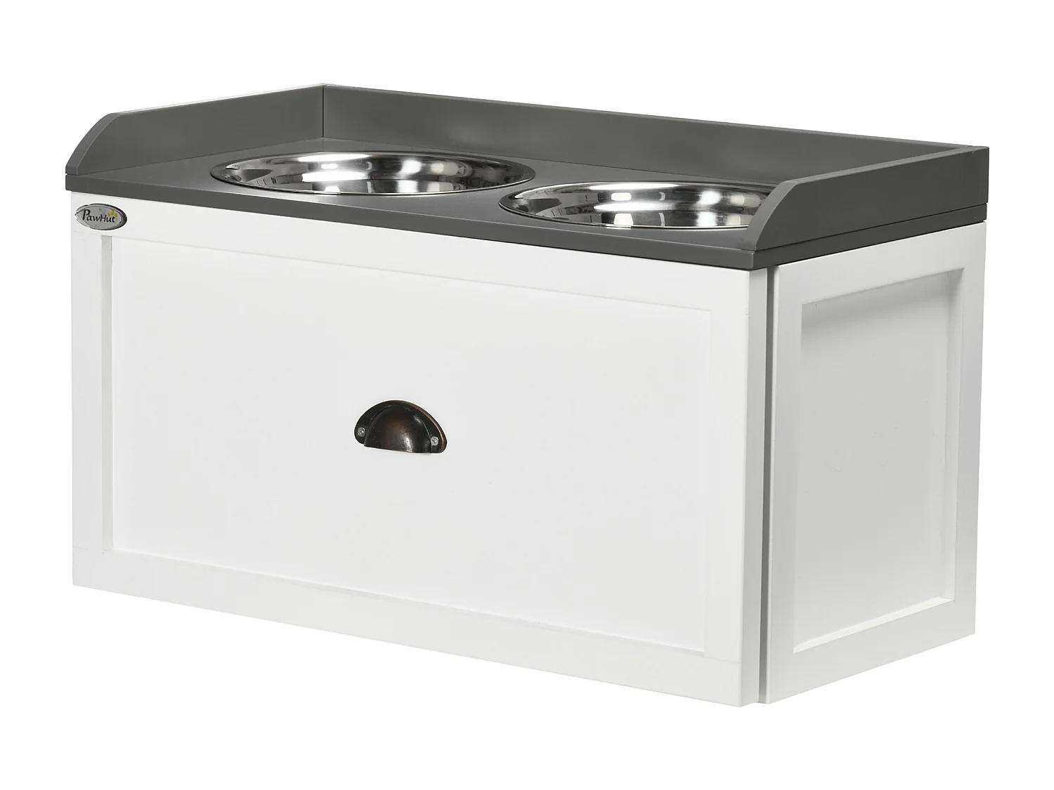 Gamelle double chien chat - porte-gamelles surélevé rangement 2 en 1 - tiroir, 2 gamelles - acier inox. MDF blanc gris
