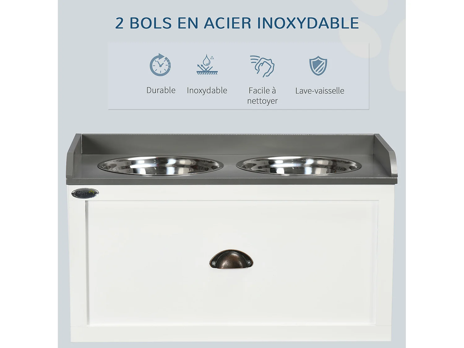 Gamelle double chien chat - porte-gamelles surélevé rangement 2 en 1 - tiroir, 2 gamelles - acier inox. MDF blanc gris