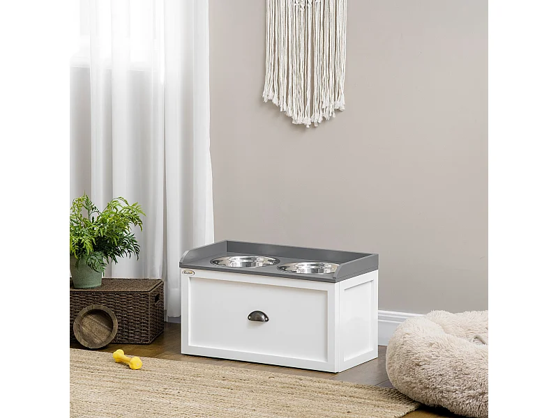 Gamelle double chien chat - porte-gamelles surélevé rangement 2 en 1 - tiroir, 2 gamelles - acier inox. MDF blanc gris