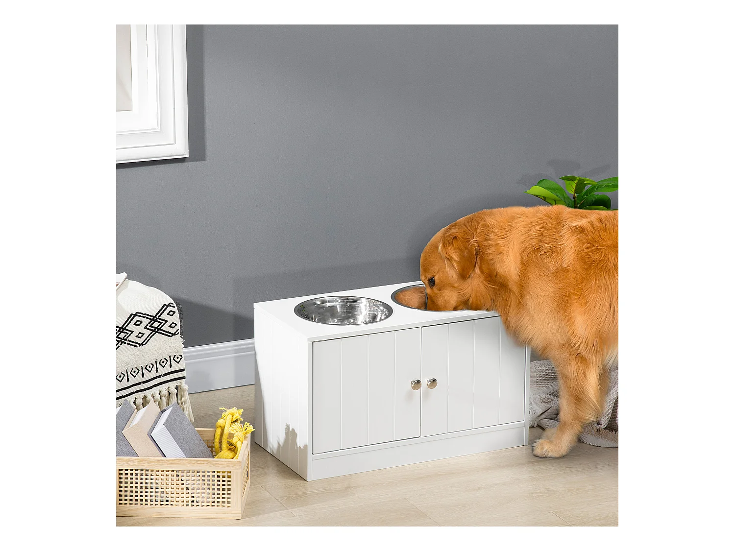 Gamelle double chien chat - porte-gamelles surélevé armoire 2 en 1 - 2 portes, 2 gamelles - acier inox. MDF blanc