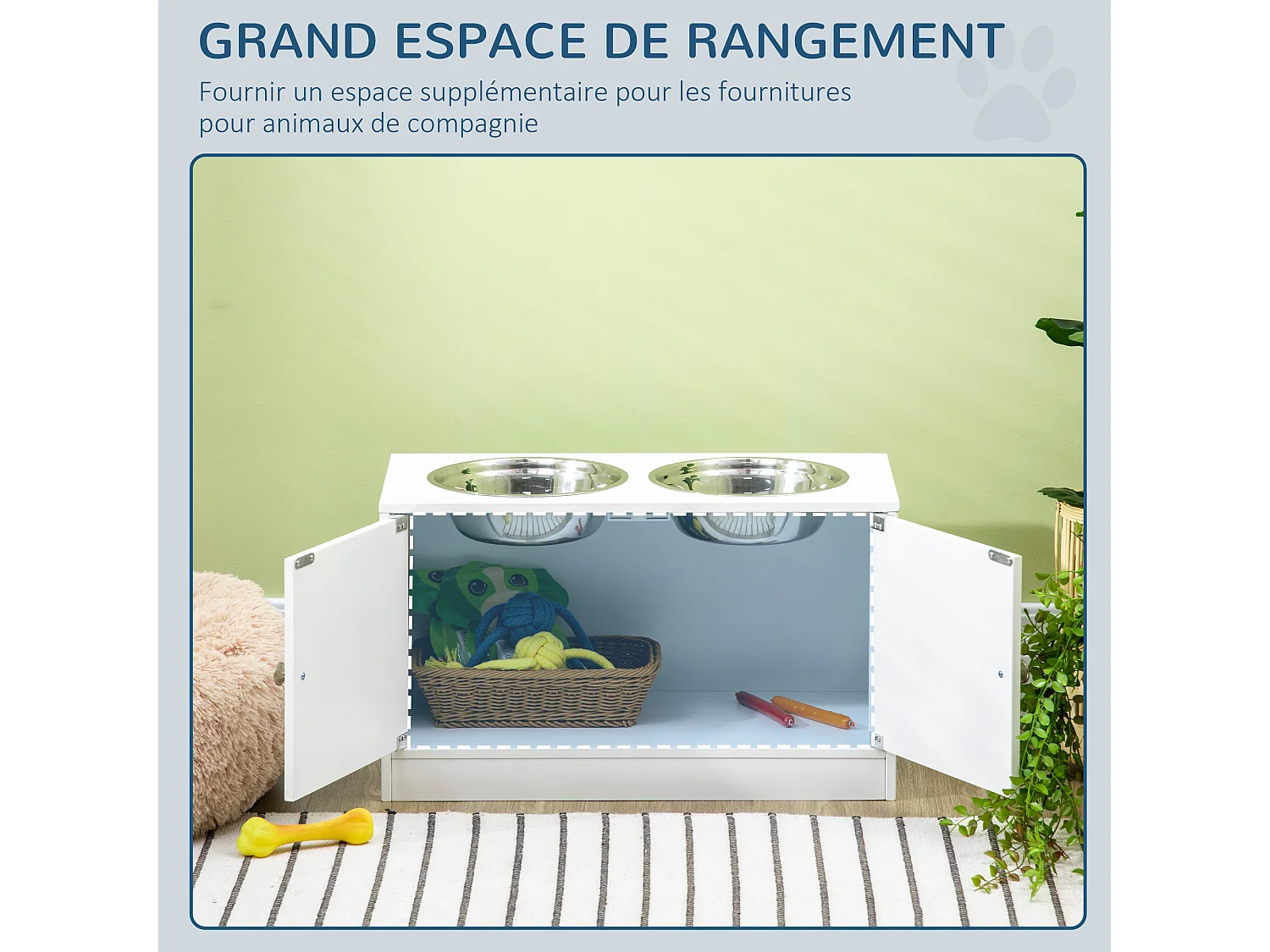 Gamelle double chien chat - porte-gamelles surélevé armoire 2 en 1 - 2 portes, 2 gamelles - acier inox. MDF blanc
