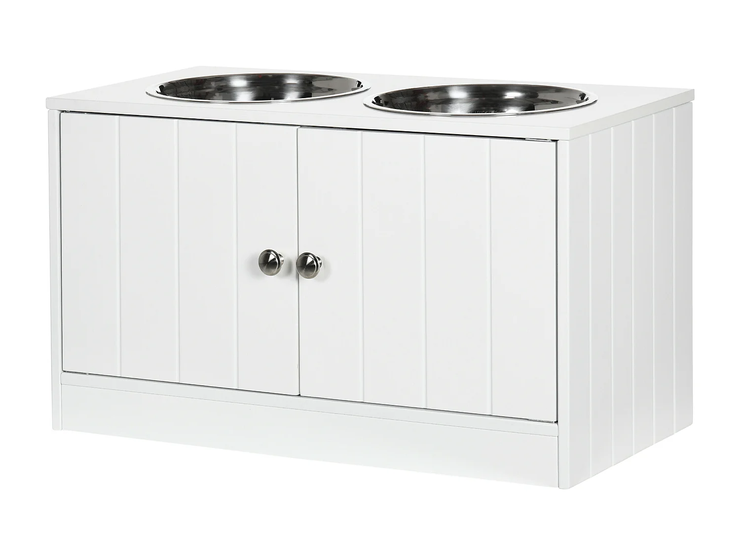 Gamelle double chien chat - porte-gamelles surélevé armoire 2 en 1 - 2 portes, 2 gamelles - acier inox. MDF blanc
