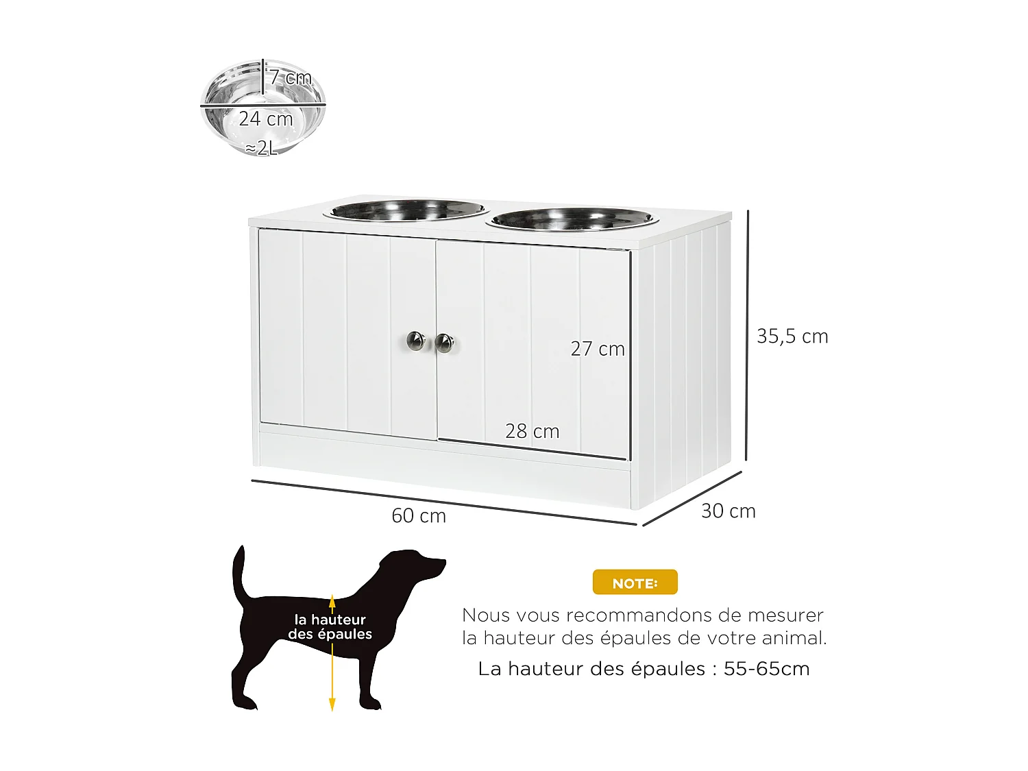 Gamelle double chien chat - porte-gamelles surélevé armoire 2 en 1 - 2 portes, 2 gamelles - acier inox. MDF blanc