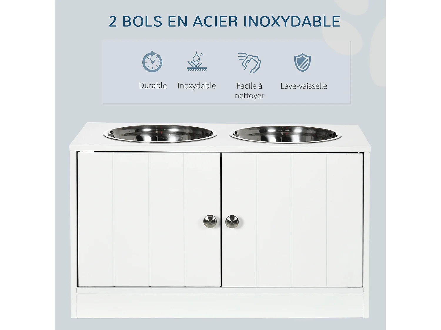 Gamelle double chien chat - porte-gamelles surélevé armoire 2 en 1 - 2 portes, 2 gamelles - acier inox. MDF blanc